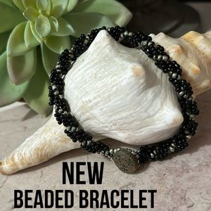 New Handmade Beaded Bracelet-Black/Silver-Vintage Button Closure Detail